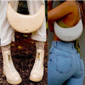 J.W PEI Carly Medium Light Beige Nude Chian Handle Croc-Embossed Shoulder Bag